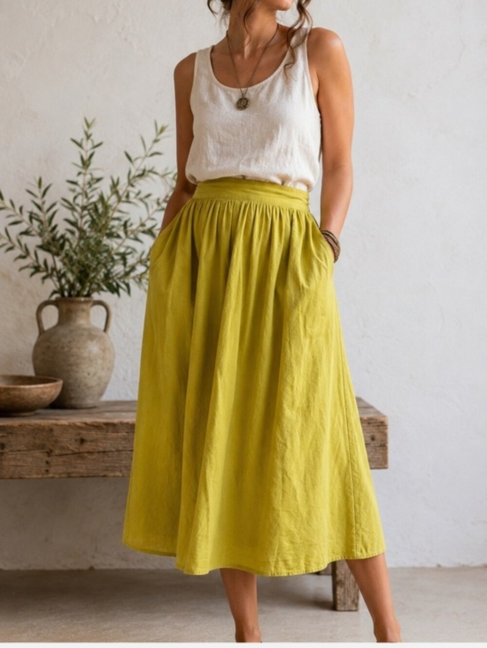 Linen Blend A-Line Midi Skirt Pockets Elastic Waist Lime Green M